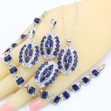 Dark Blue Zircon 925 Silver Jewelry Sets for Women Bracelet Earrings Necklace Pendant Ring Gift Box
