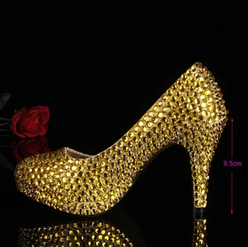 

2020 Sexy Party Shoes with Rhinestones Women Wedding Dress Shoes High Heels Pumps Girls Dress Shoes Gold Color for Bridal