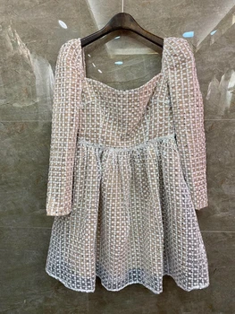 

2020 Early Autumn New Women's Irregular Neckline Heavy Work Hot Drilling Stitching Embroidery Flower a Swing Dress 810