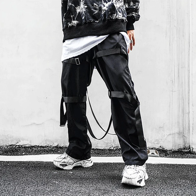 Back Zipper Loose Elastic Waist Cargo Pants Autumn New Streetwear Drawstring Pants Trousers Men Harajuku Twine Belts Casual Pant