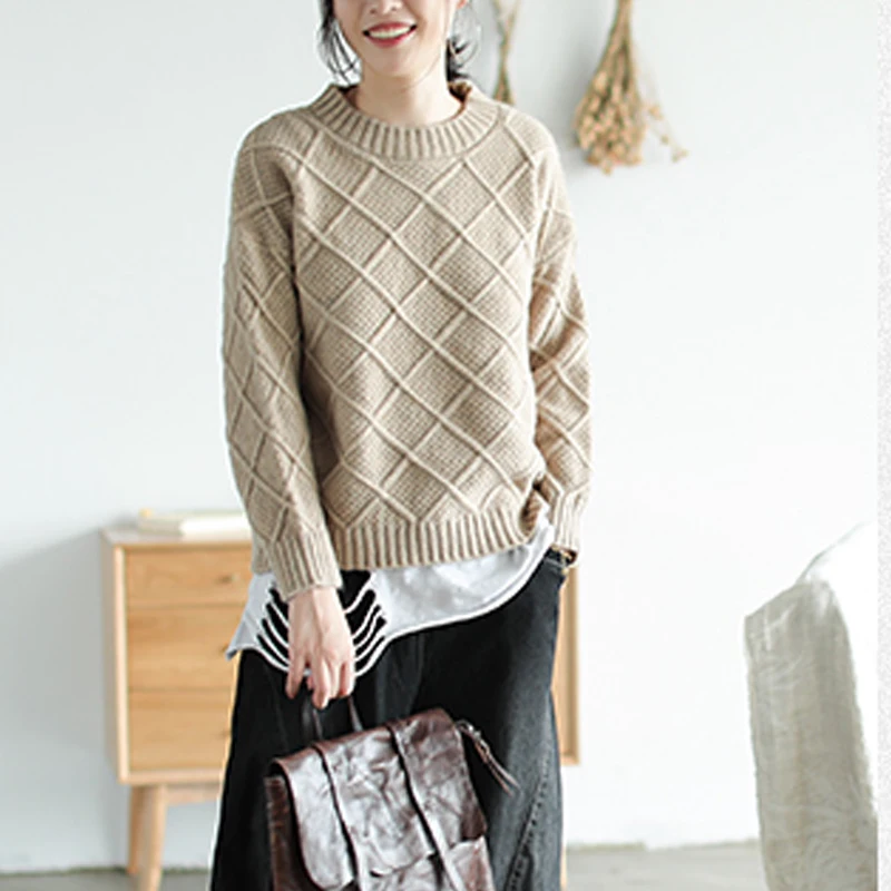Johnature Loose Comfortable Autumn Winter O-neck Argyle Pullover Sweater New Fashion All-match 4 Color Women Thick Sweater
