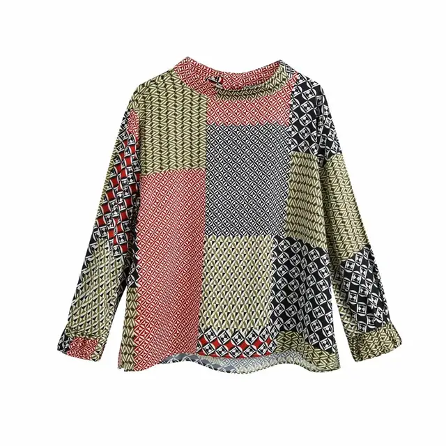 XNWMNZ za 2020 Women printed patchwork top Print High Neck Long Sleeve loose Tops New Fashion Lady Tops Casual Ladies MULTI