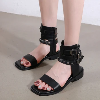 

Sandals Women Summer Flat Sandals Punk Ankle Buckle Shoes Pu Leather Sandals Women Flats Rivet Womans Shoes Femmes Sandales