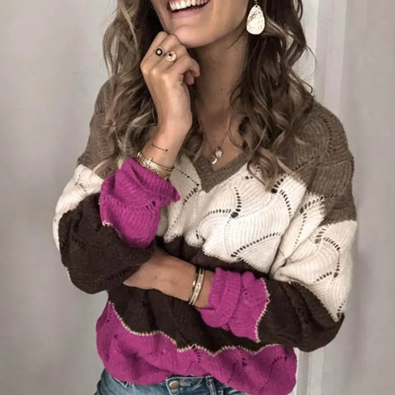 Winter Patchwork Sweater Women Autumn casual o neck Long Sleeve Knitted Sweaters Female New Loose Sweater pullovers dropshipping