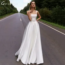 Modern Chic Satin Wedding Dress A Line Tank Sleeve With Belt Bridal Gown Backless Square Bride Dresses Vestidos De Novia