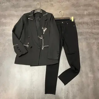 

2020 Spring New Fashion Chain Brooch Key Decoration Elegant Suit Jacket OL Lady Loose Blazer Coat Women's Black Outwear