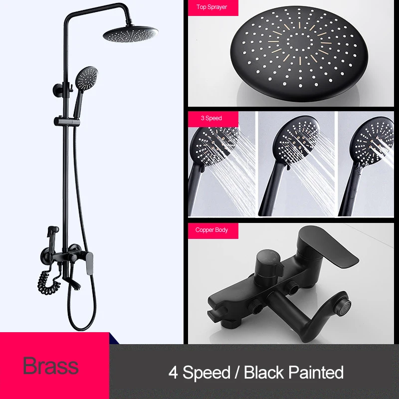 Black Painted Douche Systeem Ванная Комната Черная латунная Душевая система круглый верх опрыскиватель смеситель для ванны хромированный дождевой полный душевой набор настенный дождевой комплект - Цвет: Black Painted