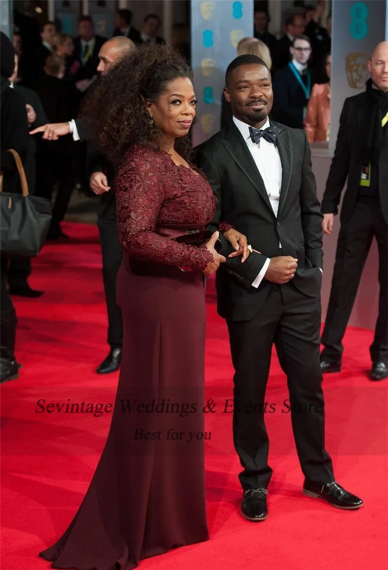 Seвинтажные платья с длинным рукавом красного ковра размера плюс Oprah Winfrey облегающее платье знаменитостей имперский Топ кружевные вечерние платья для выпускного вечера