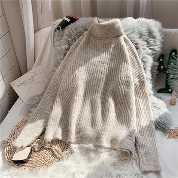 

turtleneck knitted women sweaters solid flare sleeved loose lady elegant pulls outwear coat tops