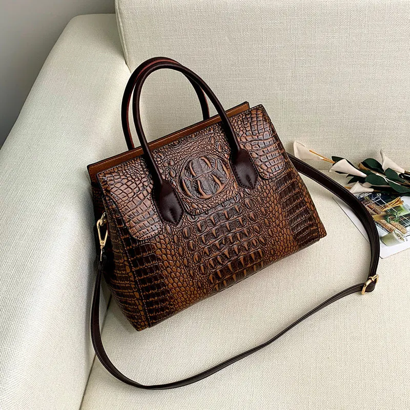 Женская дизайнерская винтажная сумка с крокодиловым узором Новая высококачественная сумка через плечо из искусственной кожи Роскошная брендовая Сумка-тоут - Цвет: Brown