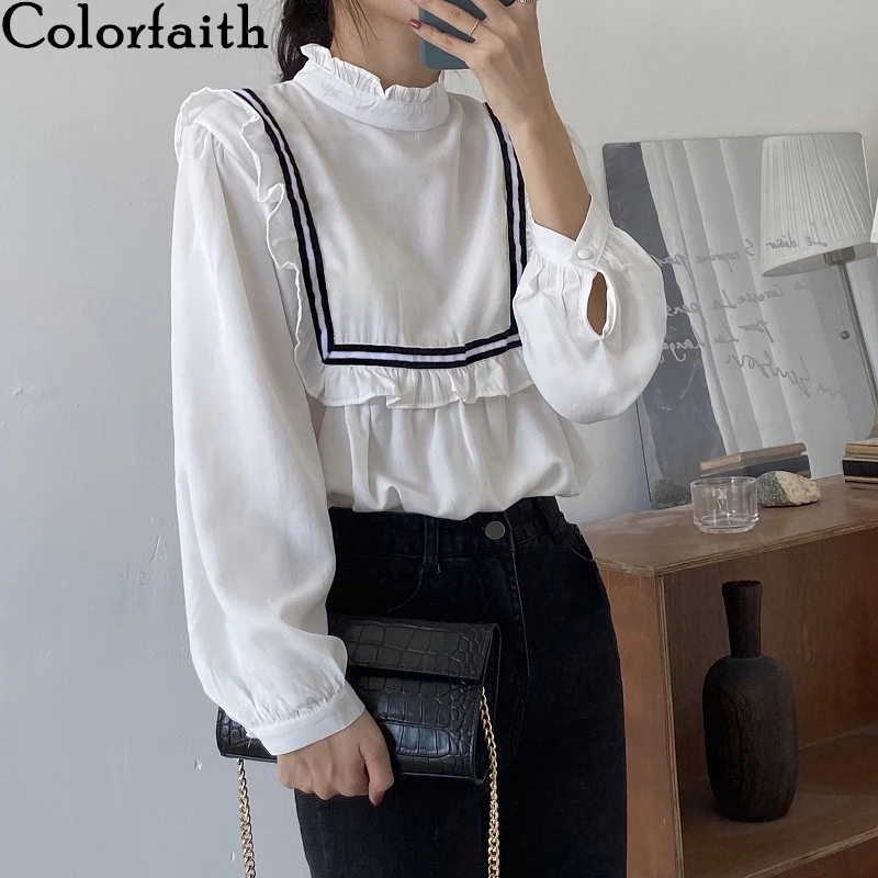 

Colorfaith New 2020 Women Spring Summer Blouse Shirts Ruffles Sailor Collar Casual Vintage Lady Elegant Patchwork Tops BL6822