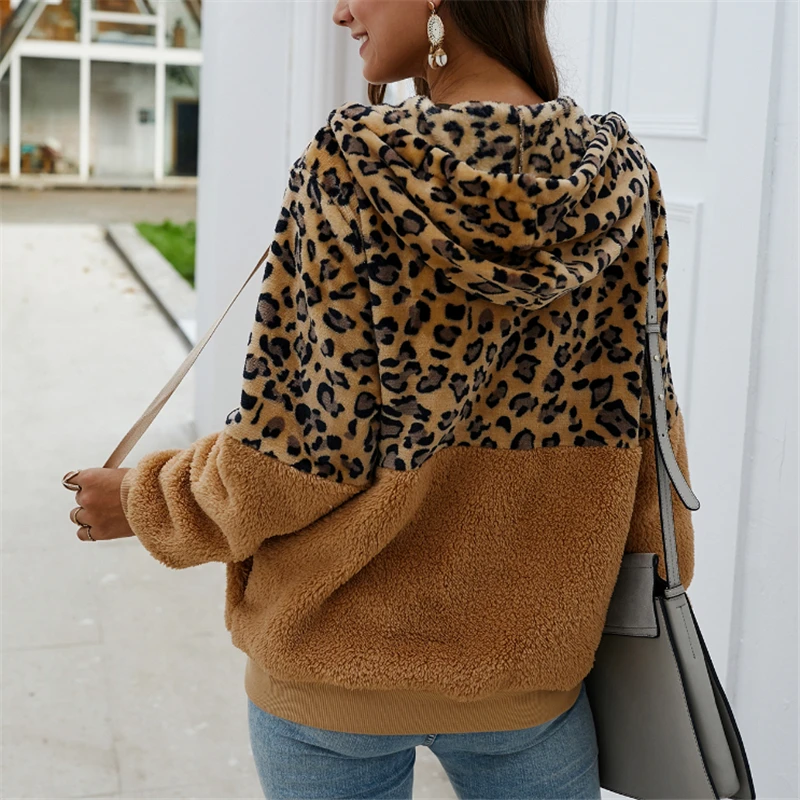 Женская куртка из искусственного меха, женская зимняя модная леопардовая Лоскутная куртка с капюшоном, плотное теплое пальто на молнии, мягкая флисовая верхняя одежда