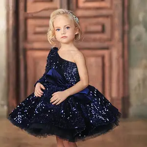 Короткое модное ярко-синее элегантное детское платье с цветочным рисунком для девочек, праздничное официальное платье принцессы с блестка...