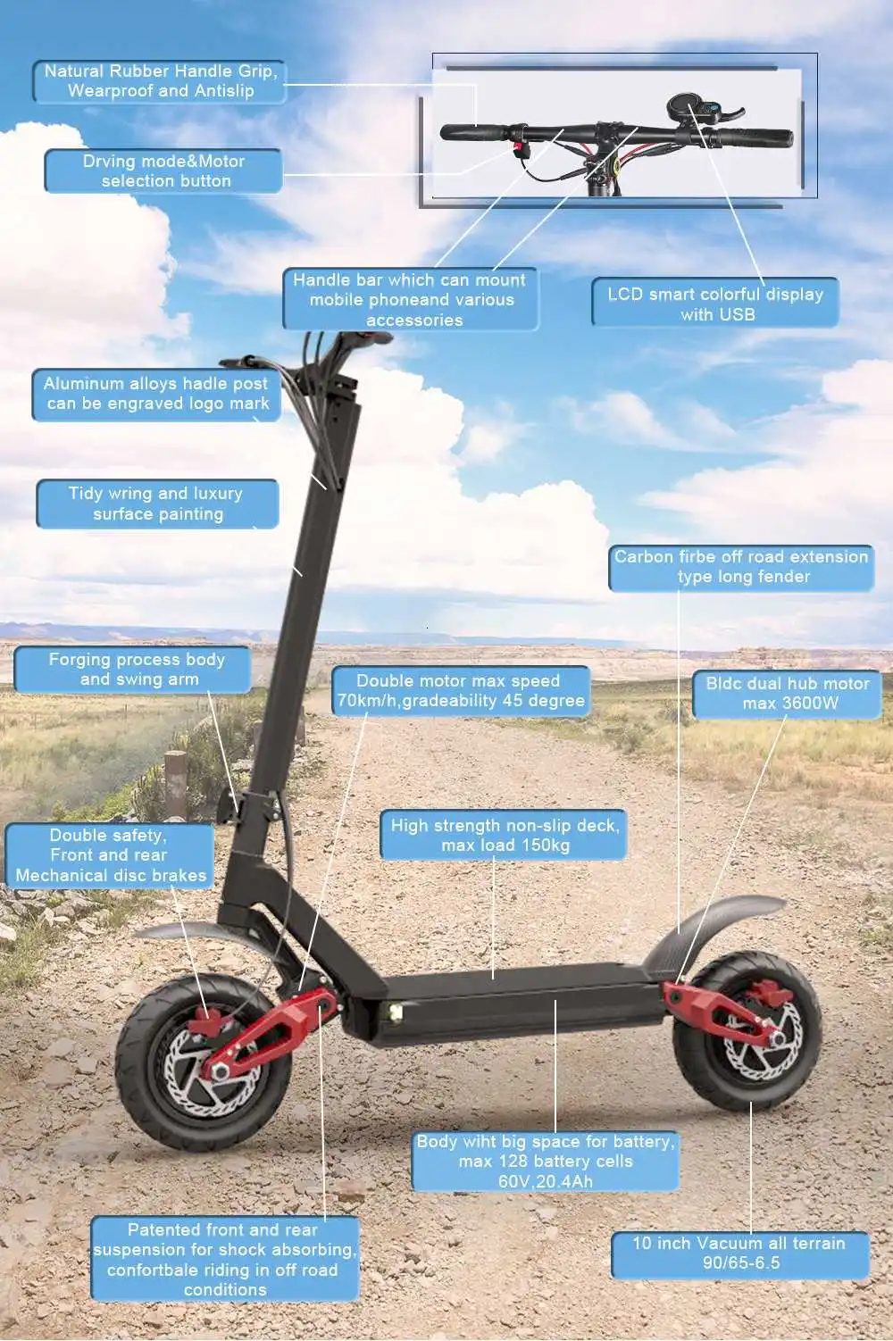 EcoRider Power E4-9 High E4-9 3600W Folding Electric Scooter,Off Road Electric Scooter witn 60V Lithium Battery