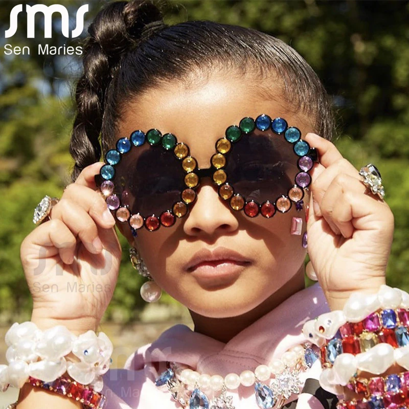 Gafas de sol redondas de colores para niños y niñas, lentes de lujo con diamantes de UV400, montura ojos, cristal brillante| | -