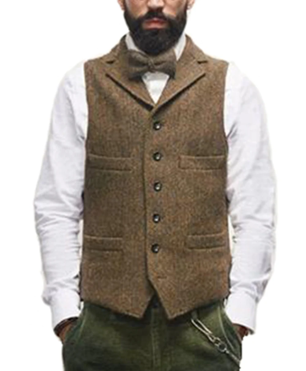 2024 Mens Vest Classic Brown Suit  Wool Tweed Notch Lapel Waistcoat Herringbone Groomsmen Winter Coat For Wedding
