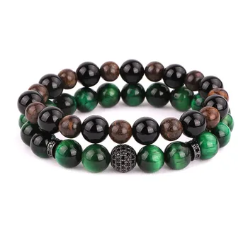 New Fashion Natural Stone Green Tiger Eye Bronze Black Onyx Stone Beads Elastic Men Bracelet Set