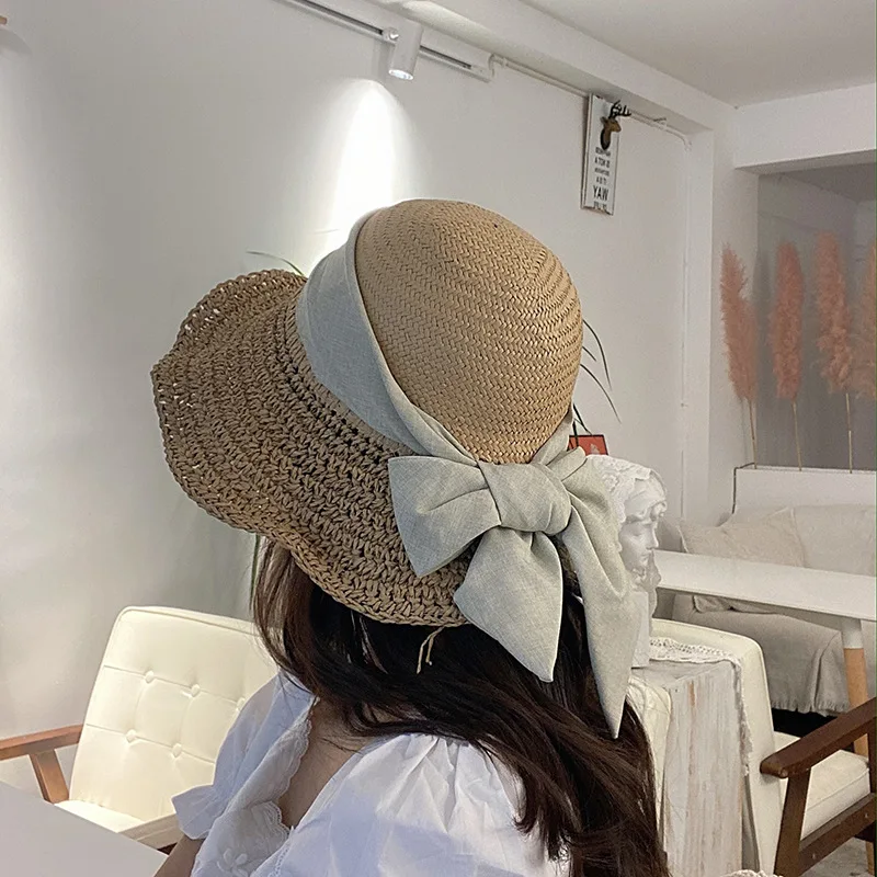 

1 PC Summer Bohemia Bowknot Straw Hats Women Female Beach Sun Bucket Hat After Opening Fisherman Caps 4 Colors