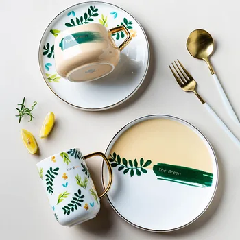 

Round Storage Tray Vogue Green Leaf Pattern Ceramic Plate Jewelry Organizer Trays Home Kitchen Breakfast Dessert Dish