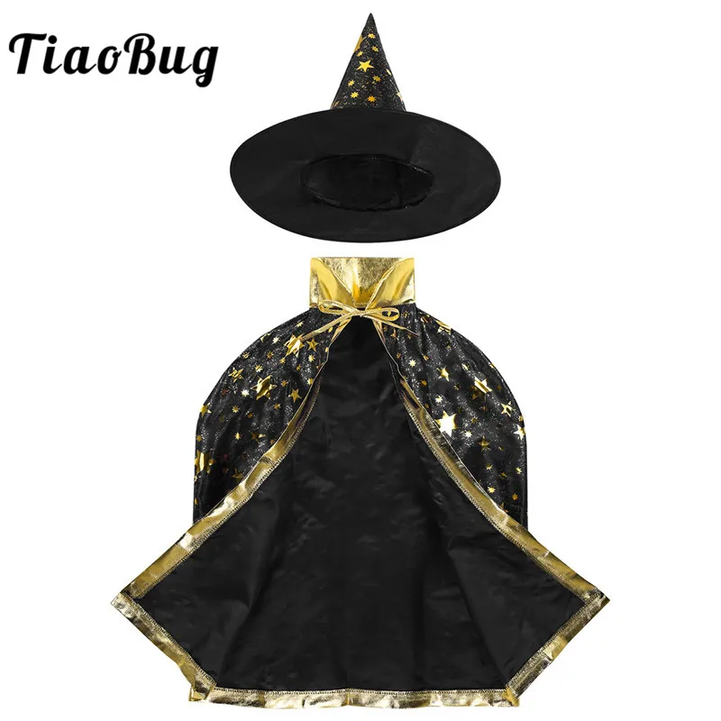 

TiaoBug Children Kids Halloween Costume Witch Wizard Cloak Cape with Pointed Hat Set Cosplay Party Stars Pattern Magician Outfit