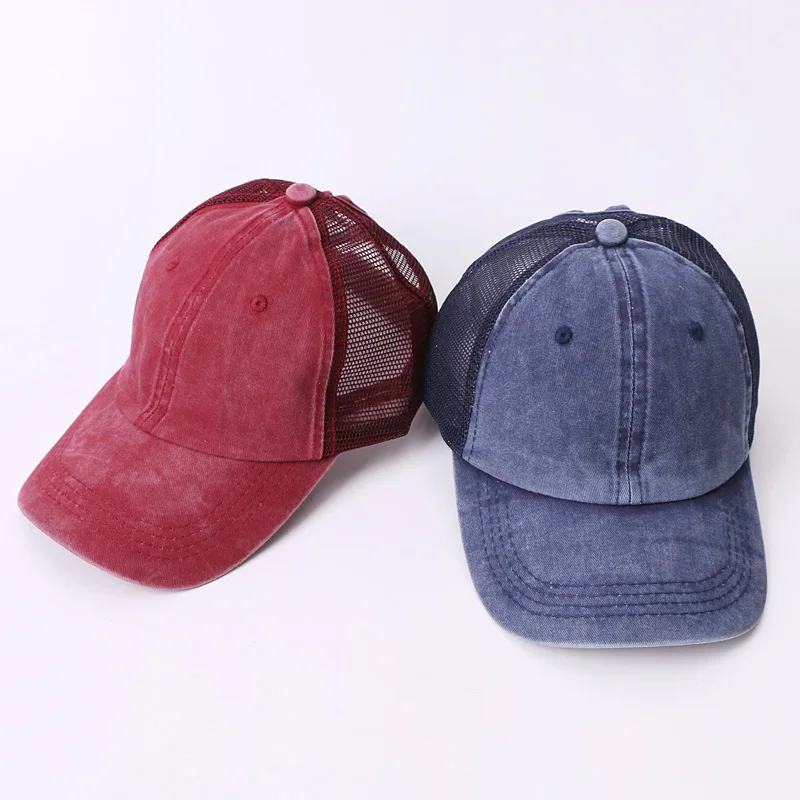 Solid Color Mesh Baseball Caps For Men Women Snapback Hip Hop Ponytail Hats Summer Outdoor Sports Breathable Washed Baseball Cap
