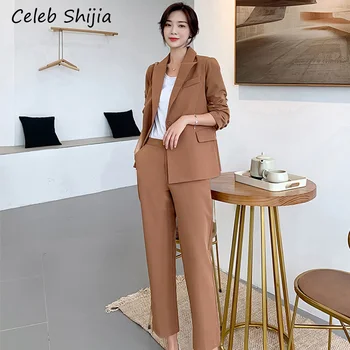 

SHIJIA Woman pant suits notched collar blazer + high waist pants solid work office lady 2 piece sets autumn spring 2020
