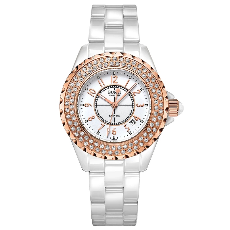 BUREI 18003 швейцарские часы для женщин люксовый бренд J12 серии австрийские стразы керамический календарь двойной белый relogio feminino - Цвет: Белый
