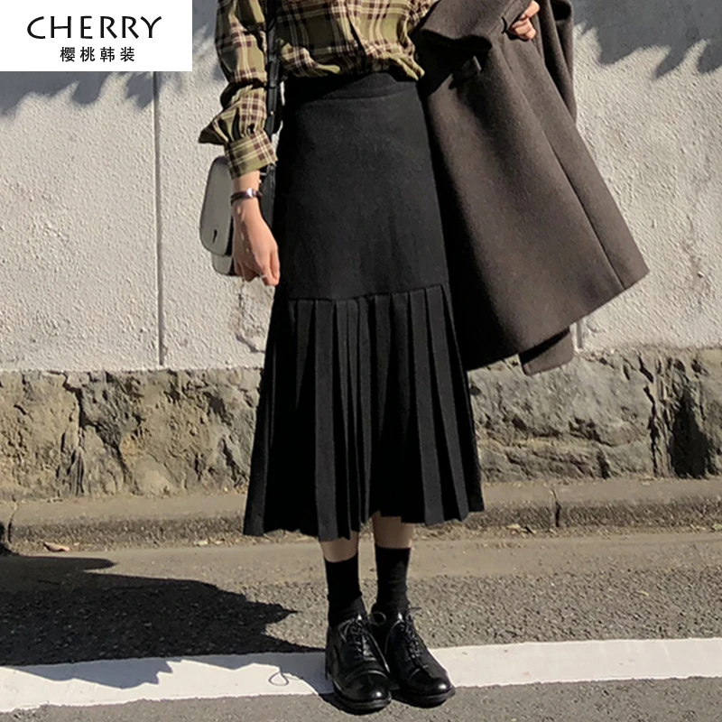 Плюс Размер Женская Осенняя длинная Плиссированная Длинная шерстяная юбка элегантная Зимняя шерстяная юбка Длинная шерстяная юбка эластичная талия теплая Мода