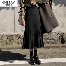 Плюс Размер Женская Осенняя длинная Плиссированная Длинная шерстяная юбка элегантная Зимняя шерстяная юбка Длинная шерстяная юбка эластичная талия теплая Мода