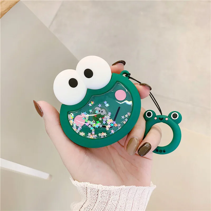 Green Frog Динамический песок силиконовый чехол милый лягушка и свинья наушники чехол для AirPods 1 2 Bluetooth гарнитура зарядная коробка с ремнями - Цвет: Green Frog