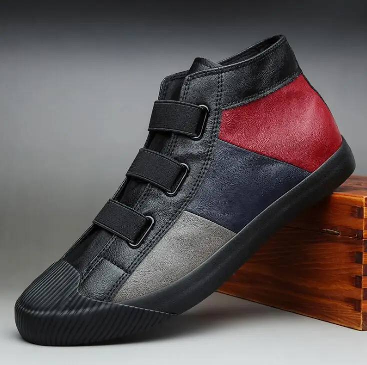 

Men Leather Casual Shoes for Men New Style Fashion Patchwork Street Cool High Tops Loafers Leisure Flat Shoes