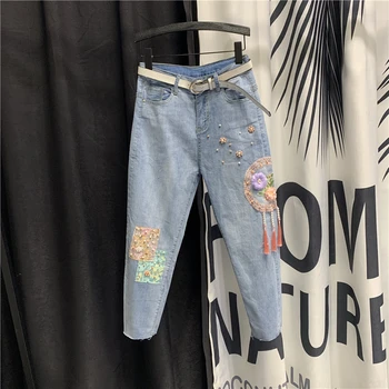 

High Waist Jeans for Woman All-match Button Jeans Women 2020 Summer New Cool Beaded Flower Tassel Harem Pants Blue Denim Pants
