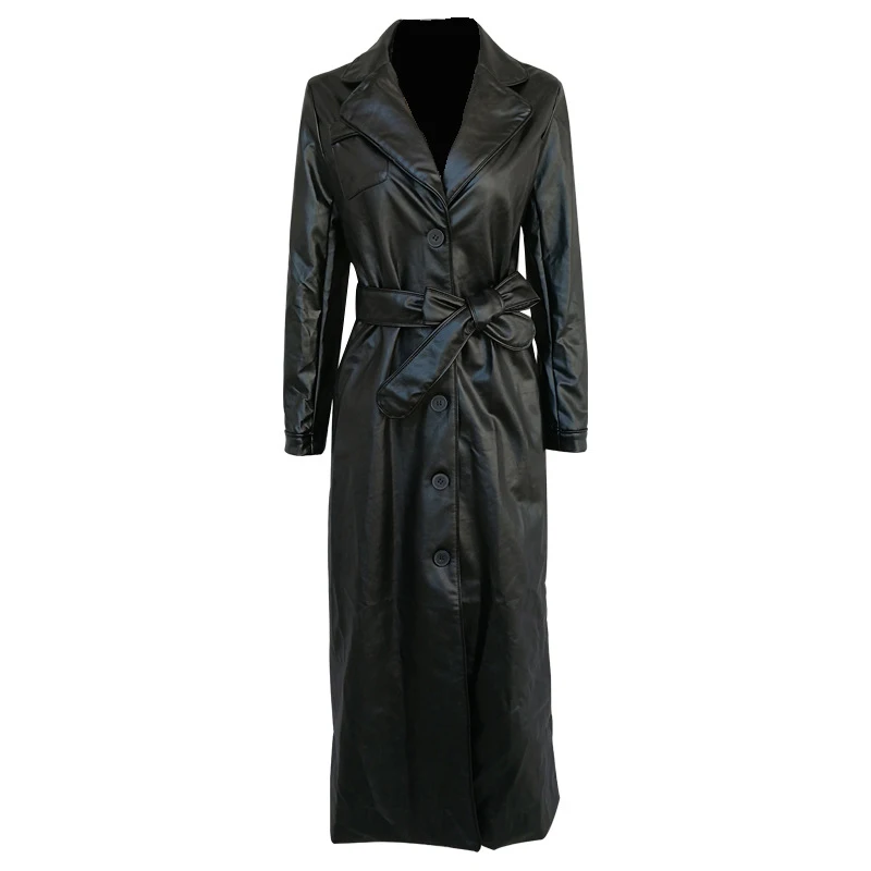 GBYXTY dames regenjas Women's PU Leather Windbreaker Notched Collar Long Sleeve Belt Bandage Long Trench Coat Autumn ZA1734 - Цвет: Черный