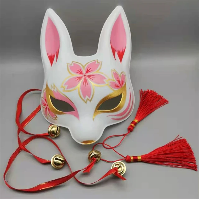 PVC Japanese Fox Mask with Tassels and Small Bells Demon Costume Cosplay Full Face Hand-Painted Masquerade Party Show, Men's, C1