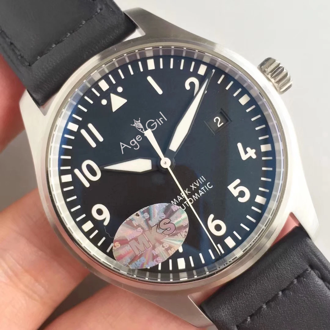 

Famous Brand New Men Automatic Mechanical Pilot MARK XVIII Black Leather Stainless Steel Silver Sapphire Blue Sport Watch 40mm