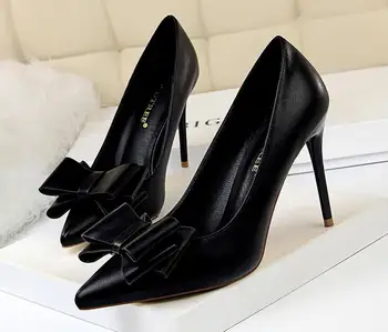 

Plus size 34-43 Women pumps Sweet Bowknot slip-on Spring Autumn Shoes Soft leather Shallow Fashion High heels Office shoes woman