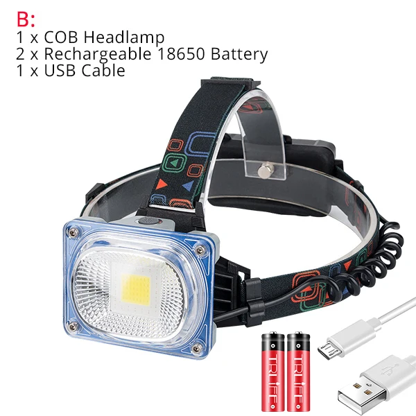 Package B USB Перезаряжаемые фар светодиодный налобный фонарь COB фара фонарь 3 режима Кемпинг Фонари 18650 фронтальная лампы Широкий формат для использования на открытом воздухе - Испускаемый цвет: Package B