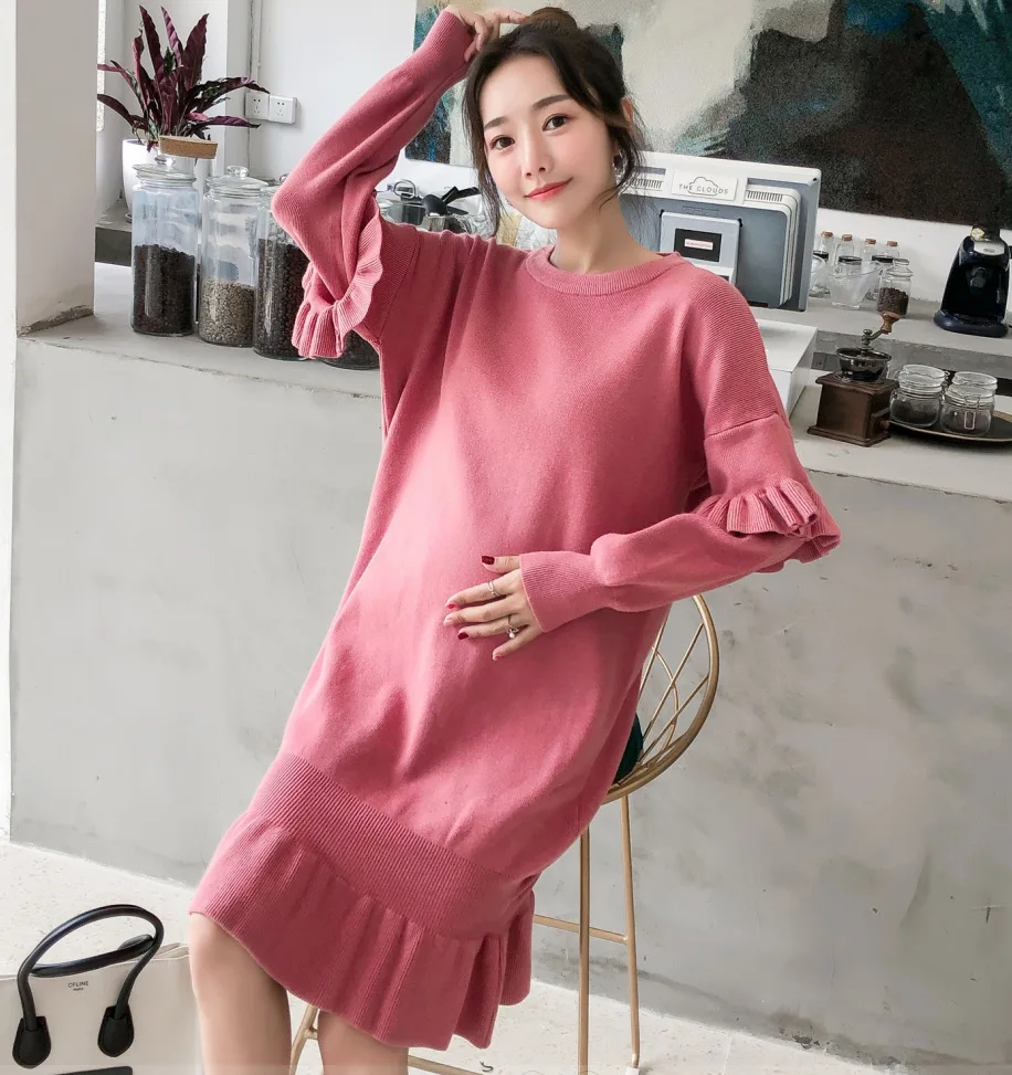 

2018 New Style Large Size Mid-length Sweater Dress Fishtail Flounced Maternity Dress Knitted Long Sleeve Skirt