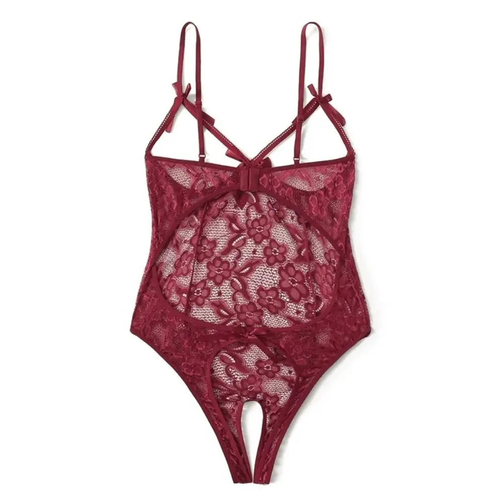 Красный Hot Girl Sexy Women Erotic Underwear Bow Lace Hollow Open Crotch Teddy Bodysuit Backless Jumpsuit Lingerie Sex Game Couple Thong - Цвет: Красный