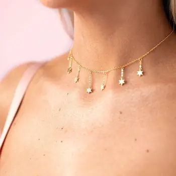 2019 High quality fine 925 sterling silver pave AAA cubic zirconia delicate chain Star charm tassel chain choker women necklaces