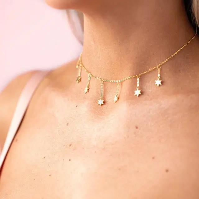 2021 High Quality Fine 925 Sterling Silver Pave AAA Cubic Zirconia Delicate Chain Star Charm Tassel Choker Women Necklaces | Украшения и