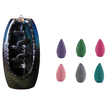 

1x Ceramic Backflow Waterfall Smoke Incense Burner Censer 10X Cones & 50 Piece Natural Backflow Buddha Cone Incense