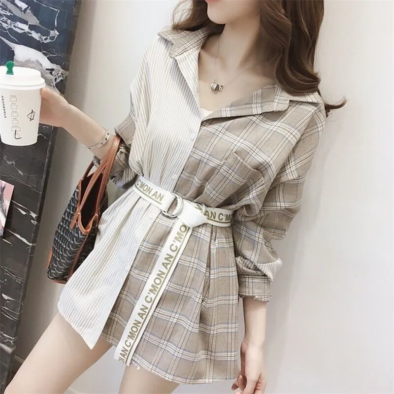 

2019 New Runway Autumn Harajuku Plaid Blouses Casual shirt Women Turn-down Collar Single-breasted Letter Sashes Tops Long Shirts