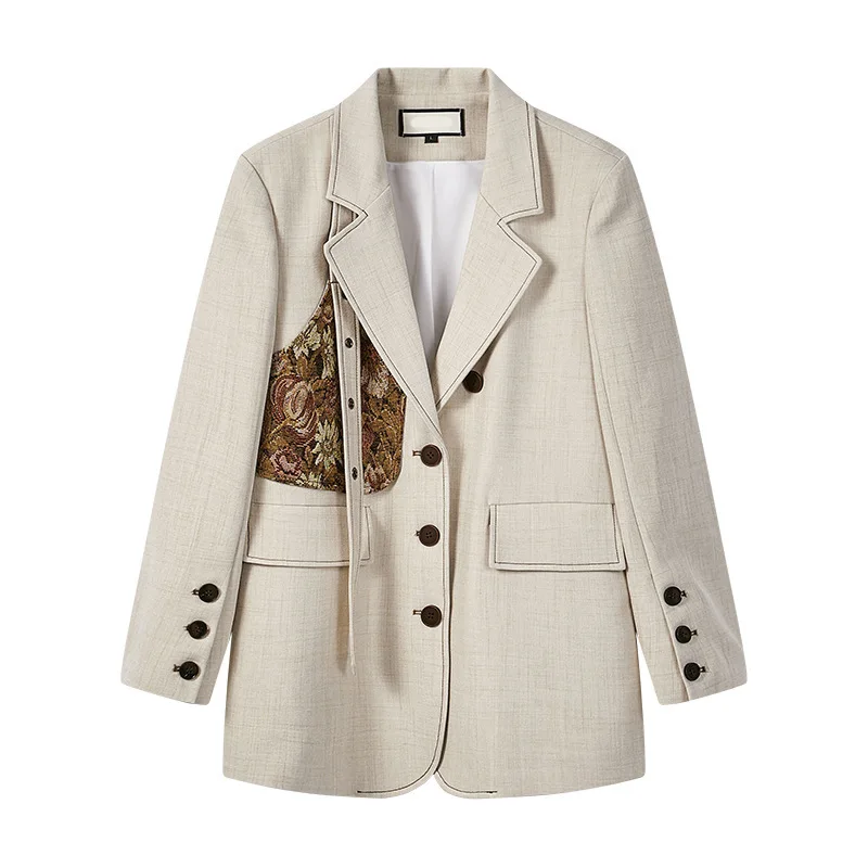 

Vintage Beige Long Sleeve Women Blazer Jacket Spliced Fashion High Street Jackets OL Lady Loose All Match Coats Clothes 2020