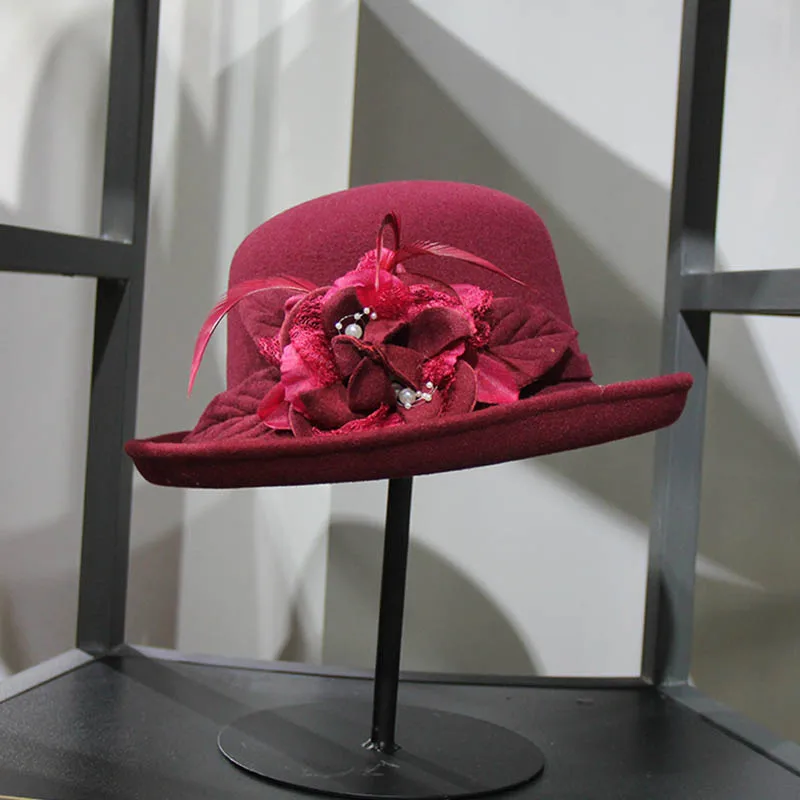 Wine Red FS широкие поля шерсть фетр церковь платья для женщин для дерби шапки цветок винтаж Fedora осень зима ведро котелок зеленый чапей - Color: Wine Red