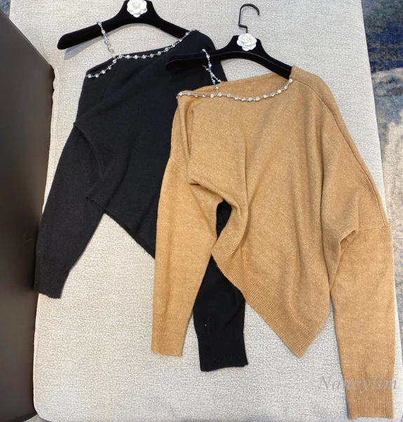 

Sesy Off Shoulder Sweater for Women 2021 Spring New Korean Style Irregular Edge Slimming Rhinestone Sweaters Female Knitwear