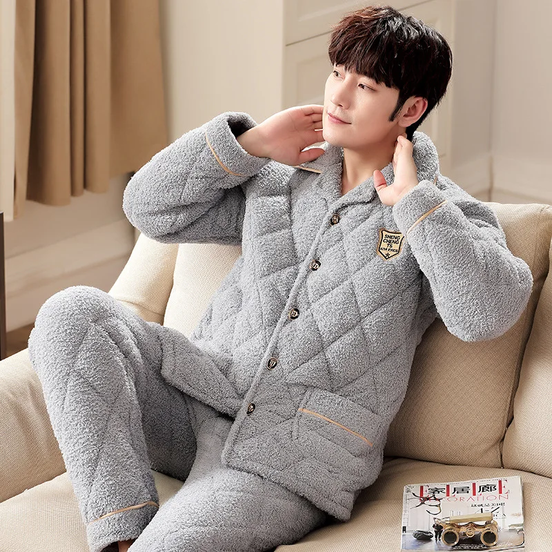 Men Autumn Winter New Three Layers Cotton Flannel Pajamas Set Thick Warm Home Leisure Suit Coral Velvet Loose Casual Sleepwear mens christmas pjs Pajama Sets