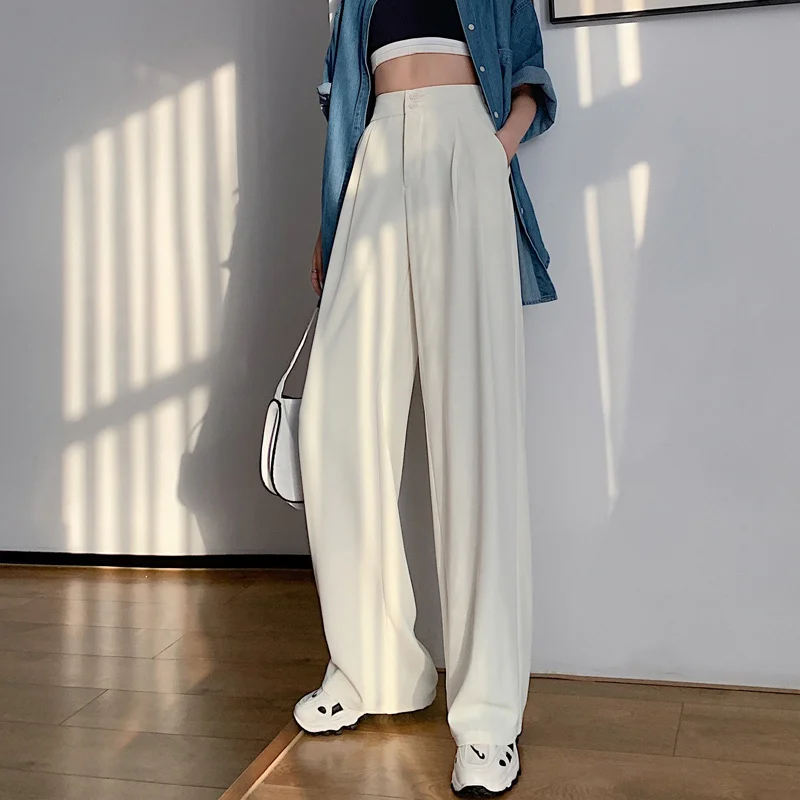 Pantalones informales holgados para mujer, calzas de pierna ancha de cintura alta, ropa elegante para mujer 2021