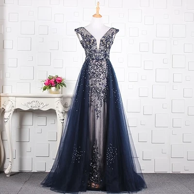 YY087 arabic evening dress long v-neck backless navy blue mother of bride dress A-line evening gown new robe soiree sexy longue - Цвет: as photo navy blue