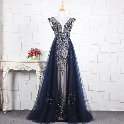 as photo navy blue YY087 arabic evening dress long v-neck backless navy blue mother of bride dress A-line evening gown new robe soiree sexy longue - Цвет: as photo navy blue